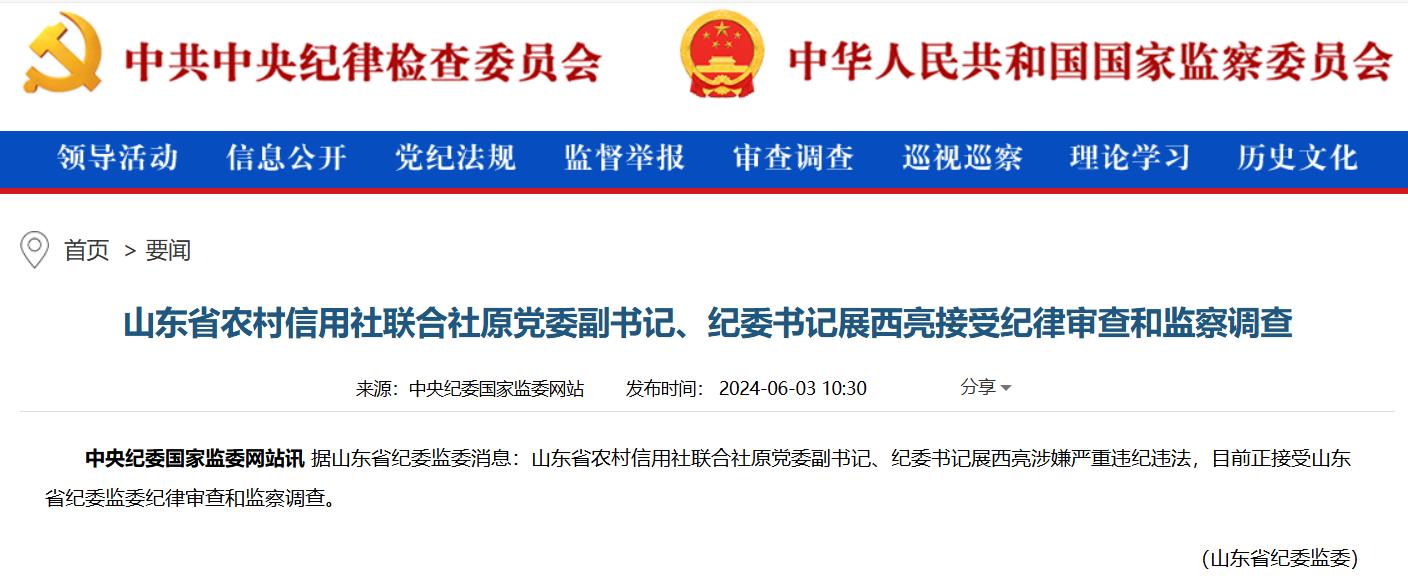 山东农村信用社联合社原纪委书记展西亮被查 曾著有《金融风险控制论》