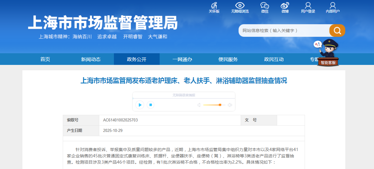 上海市市场监管局发布适老护理床、老人扶手、淋浴辅助器监督抽查情况