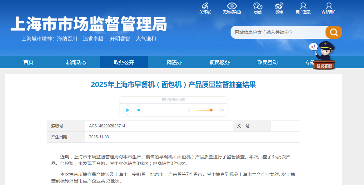 2025年上海市早餐机(面包机)产品质量监督抽查结果公布
