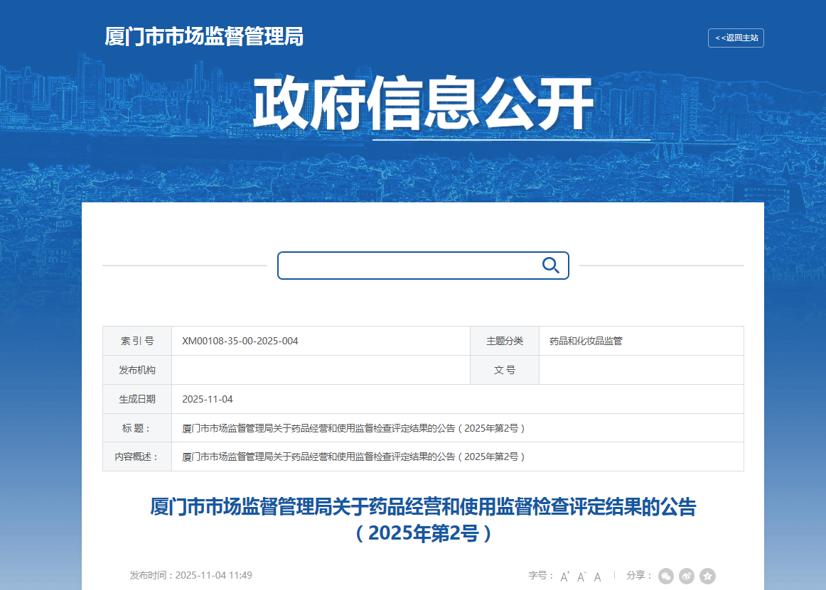 厦门市市场监督管理局关于药品经营和使用监督检查评定结果的公告(2025年第2号)