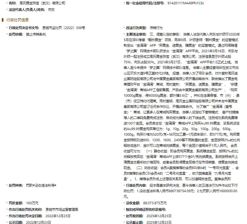 传销!金满满APP运营方周氏黄金珠宝(武汉)有限公司被罚