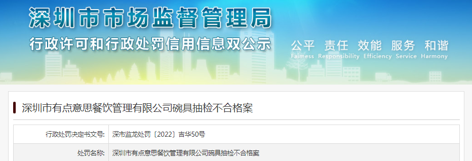深圳市有点意思餐饮管理有限公司碗具抽检不合格案
