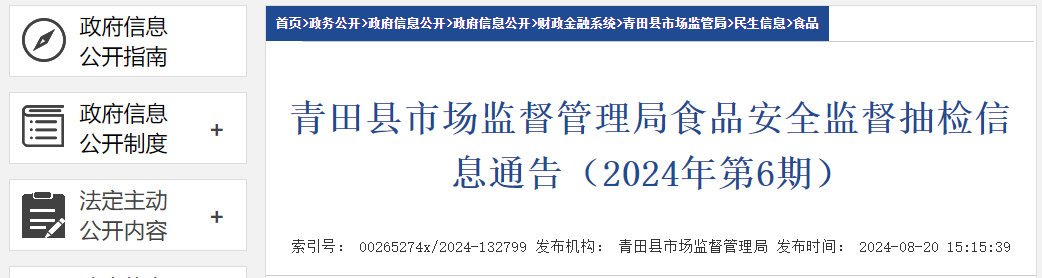 浙江省青田县市场监督管理局食品安全监督抽检信息通告(2024年第6期)