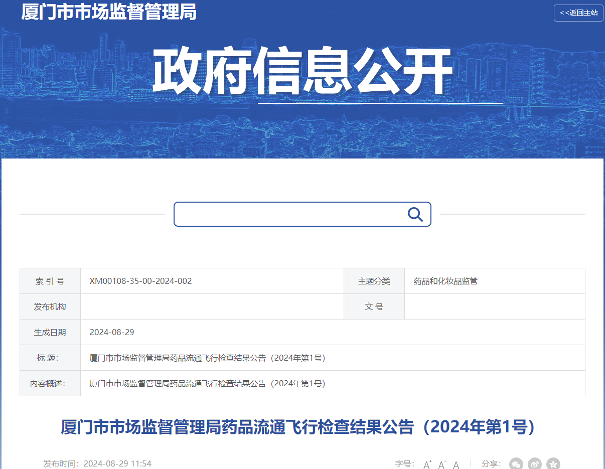厦门市市场监督管理局药品流通飞行检查结果公告(2024年第1号)
