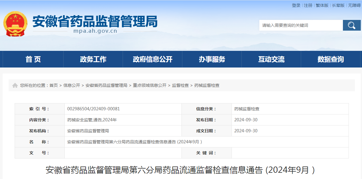 安徽省药品监督管理局第六分局药品流通监督检查信息通告 (2024年9月)