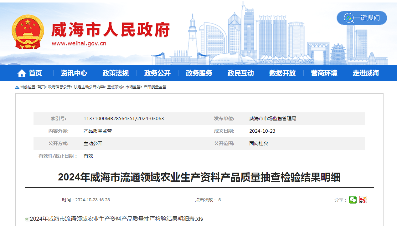 2024年山东省威海市流通领域农业生产资料产品质量抽查检验结果公布