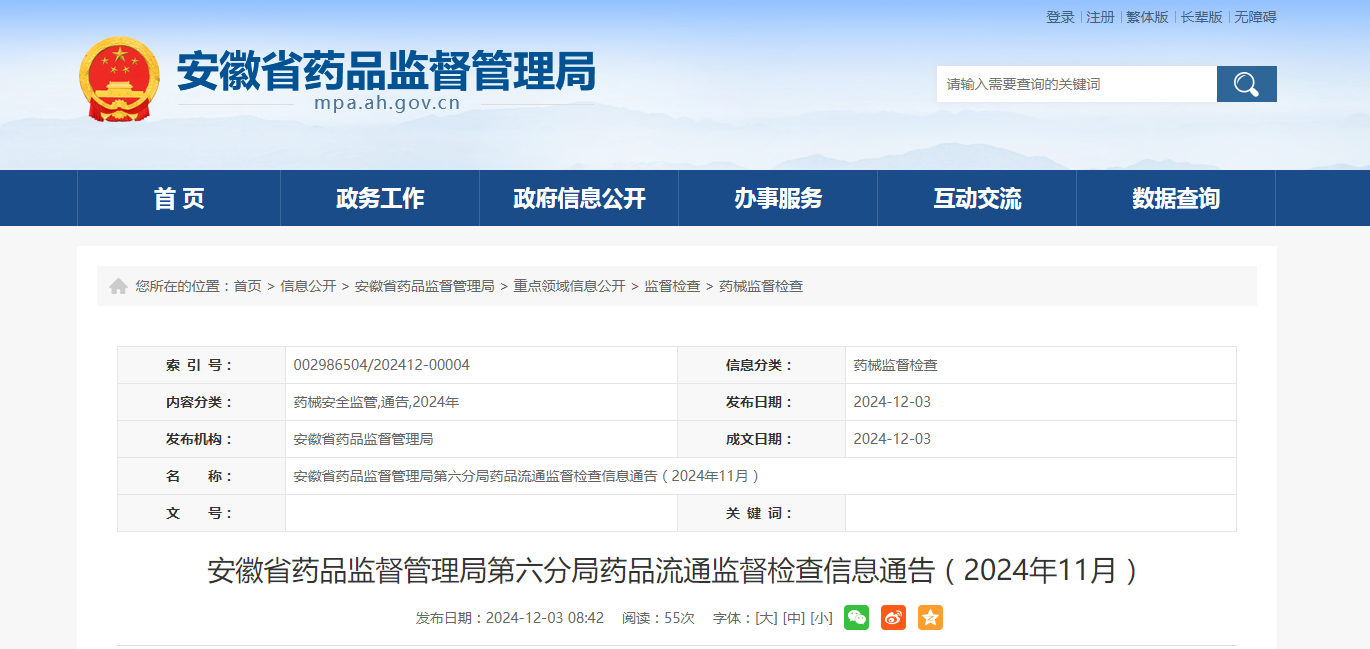 安徽省药品监督管理局第六分局药品流通监督检查信息通告(2024年11月)