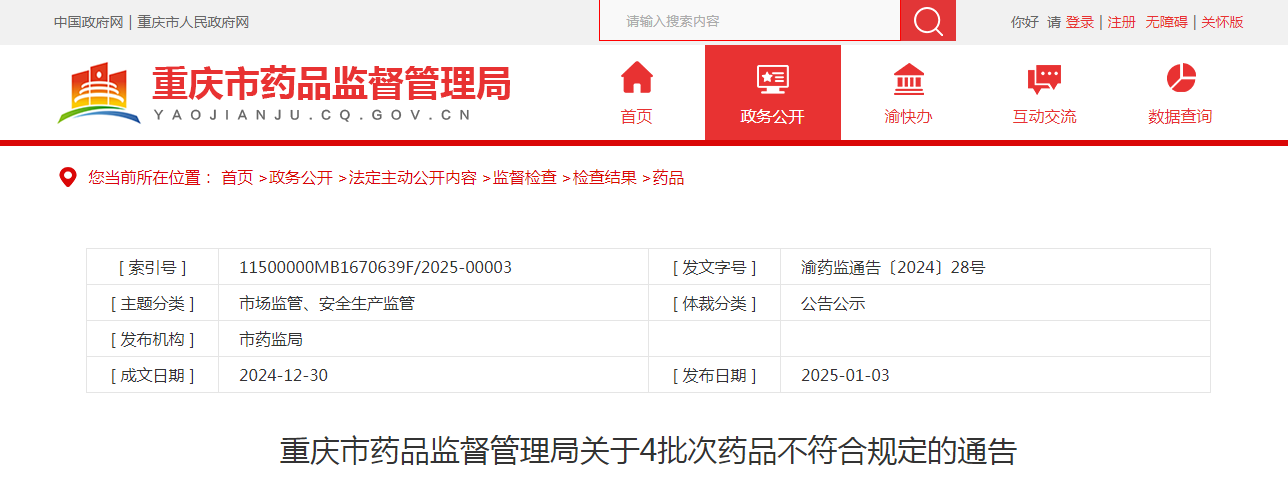 重庆市药品监督管理局关于4批次药品不符合规定的通告