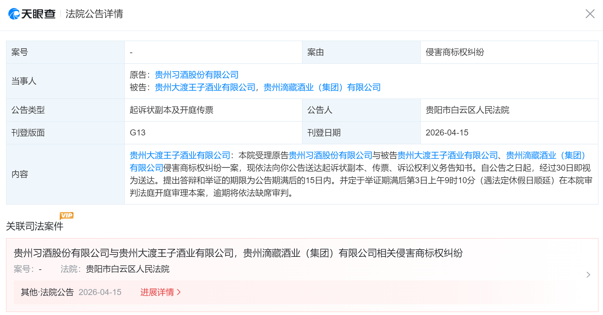 贵州大渡王子酒业、贵州滴藏酒业被贵州习酒起诉了