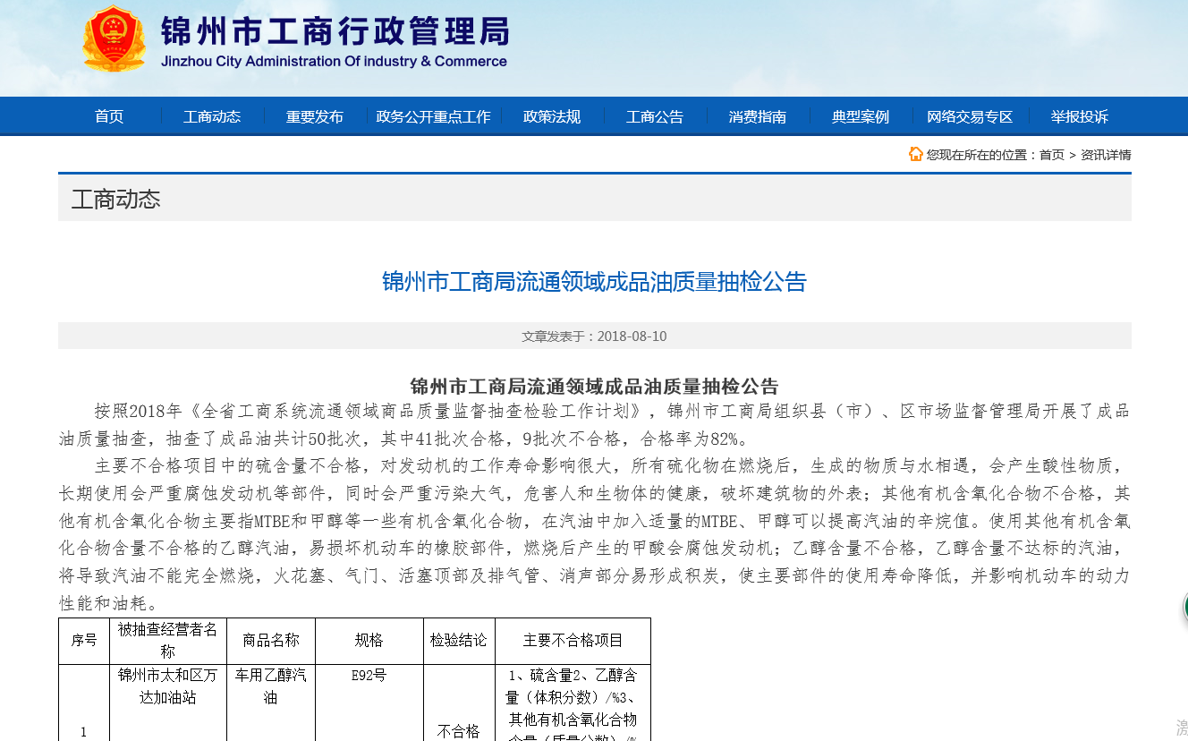 锦州市工商局:流通领域成品油抽检合格率为82%
