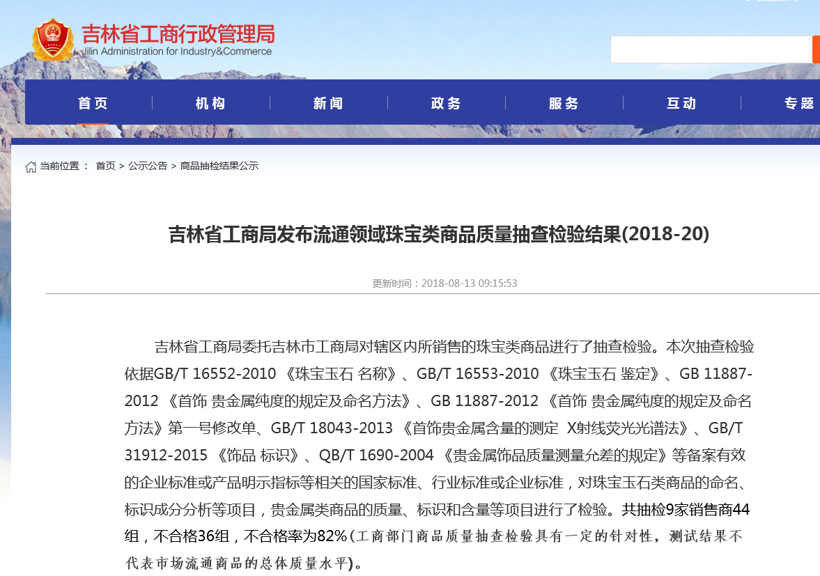 吉林省工商局:流通领域珠宝类商品抽检36组不合格