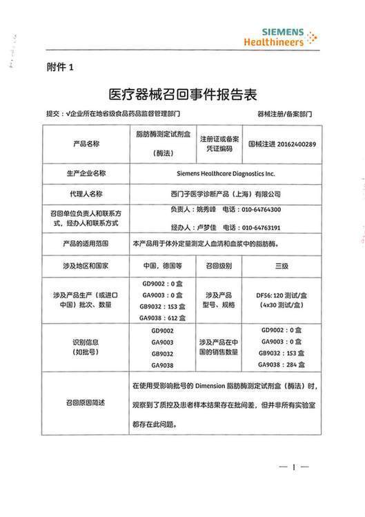 部分不合格脂肪酶测定试剂盒被西门子医学诊断产品(上海)有限公司主动召回