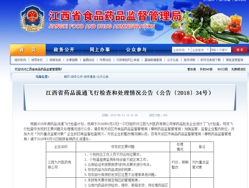 江西食药监局发布飞行检查和处理情况
