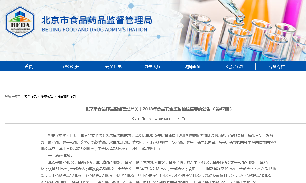 北京市食药监局:5批次食品样品不合格