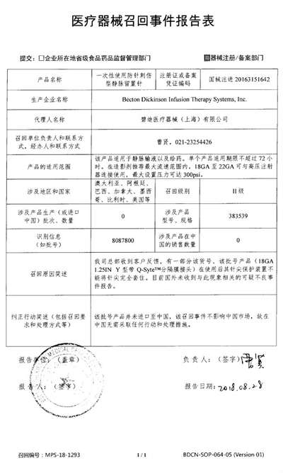 部分一次性使用防针刺伤型静脉留置针被Becton Dickinson Infusion Therapy Systems, Inc.主动召回