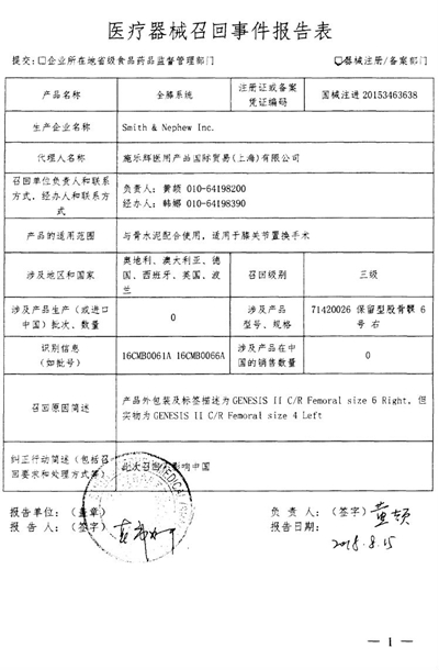 全膝系统被Smith & Nephew, Inc.主动召回