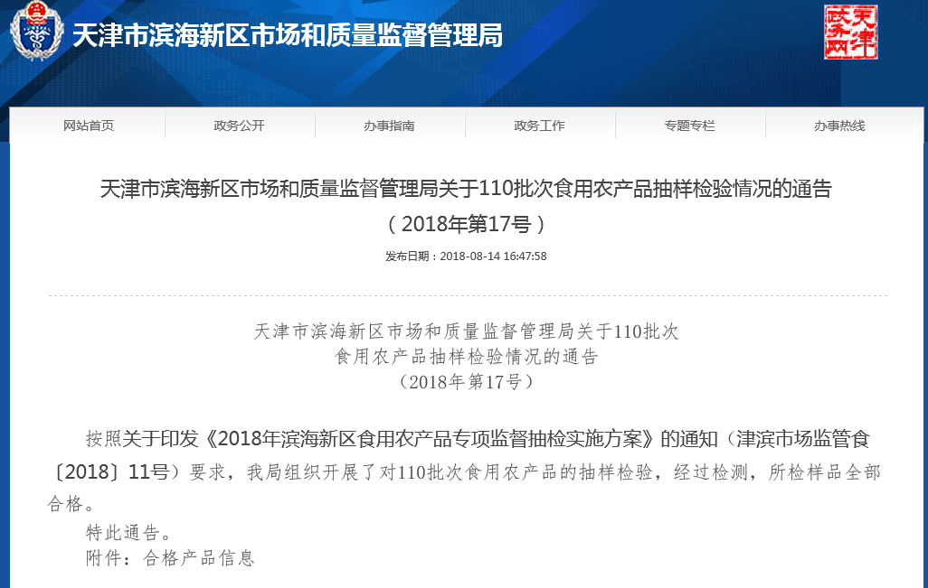 天津:抽检110批次食用农产品全部合格