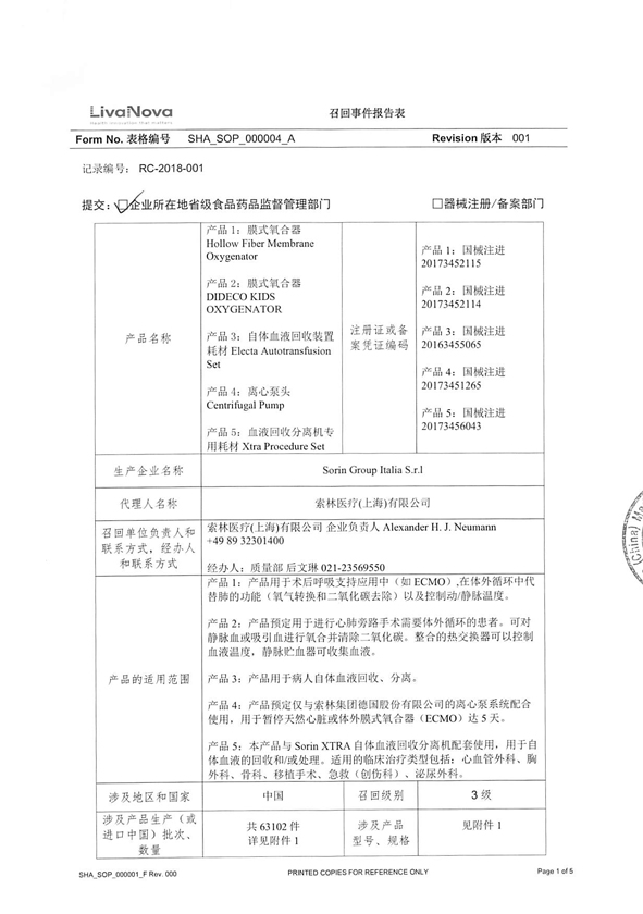 索林医疗(上海)有限公司主动召回膜式氧合器等产品