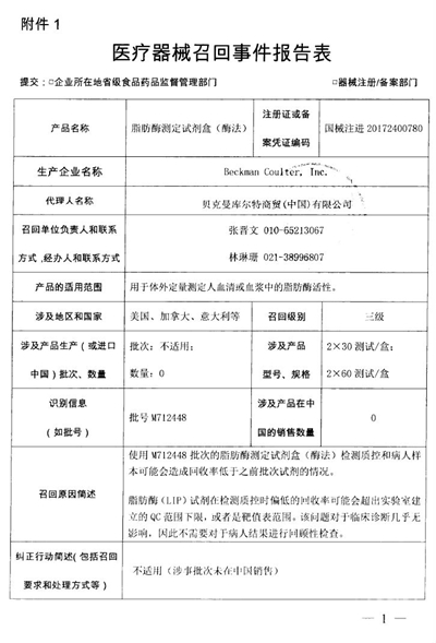 生产商Beckman Coulter, Inc.主动召回脂肪酶测定试剂盒(酶法)