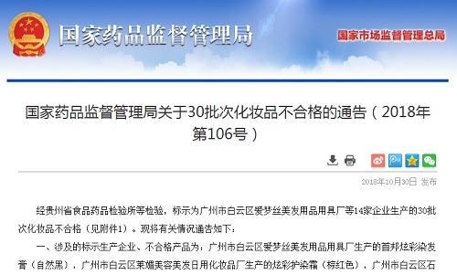 国家药品监督管理局：14家企业生产的30批次化妆品抽检不合格