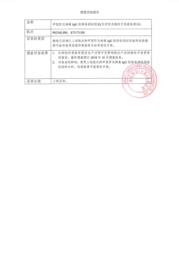 甲型肝炎病毒IgG抗体检测试剂盒、甲型肝炎病毒IgM抗体检测试剂盒被雅培贸易召回
