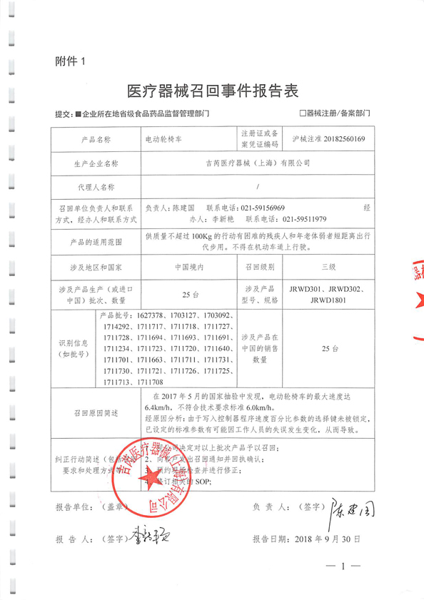 25台电动轮椅车被吉芮医疗器械(上海)有限公司召回