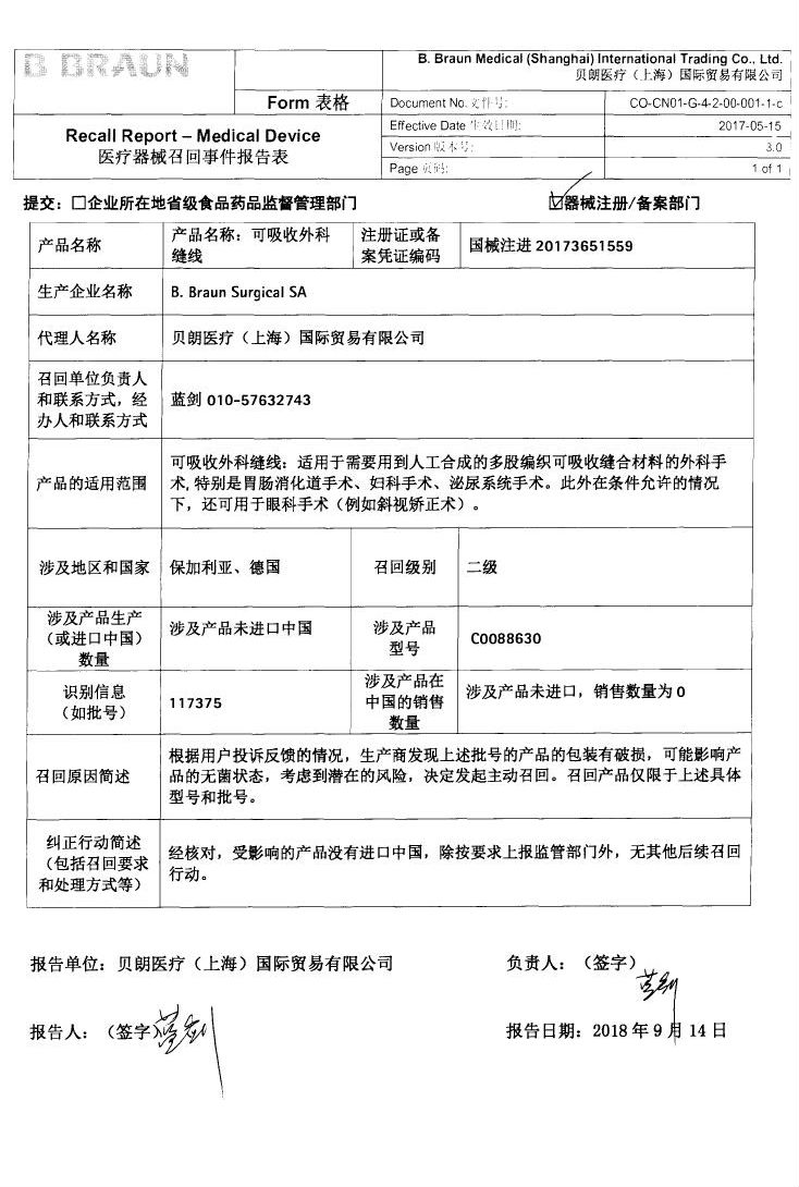 可吸收外科缝线被生产商B.Braun Surgical SA主动召回