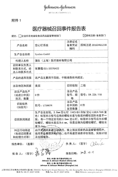 生产商Synthes GmbH主动召回空心钉系统