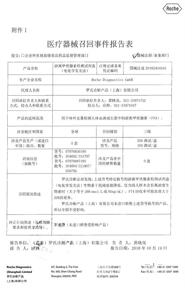 游离甲状腺素检测试剂盒(电化学发光法)被Roche Diagnostics GmbH召回
