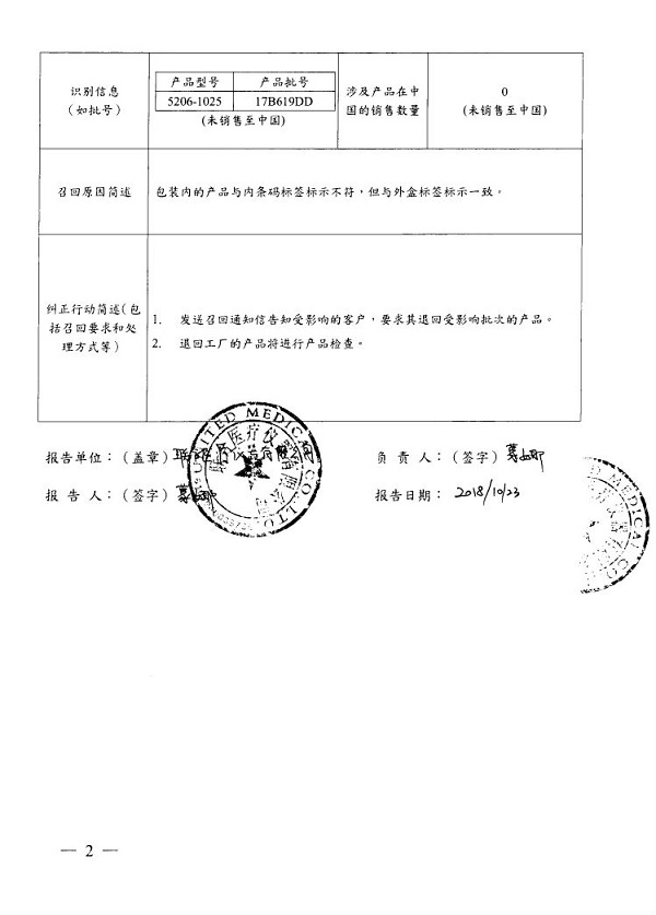 不合格人工髋关节组件被联合骨科器材股份有限公司主动召回