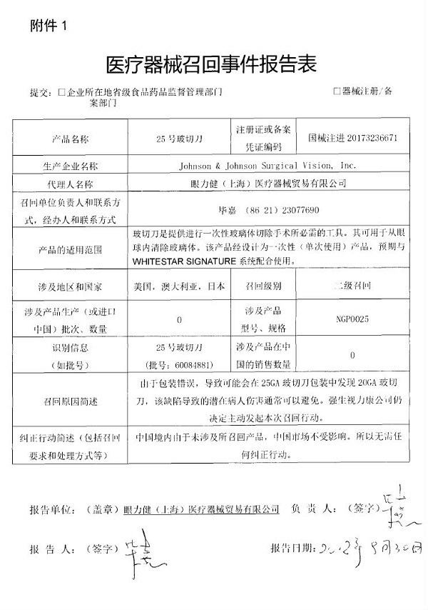 生产商Johnson & Johnson Surgical Vision, Inc.主动召回25号波切刀