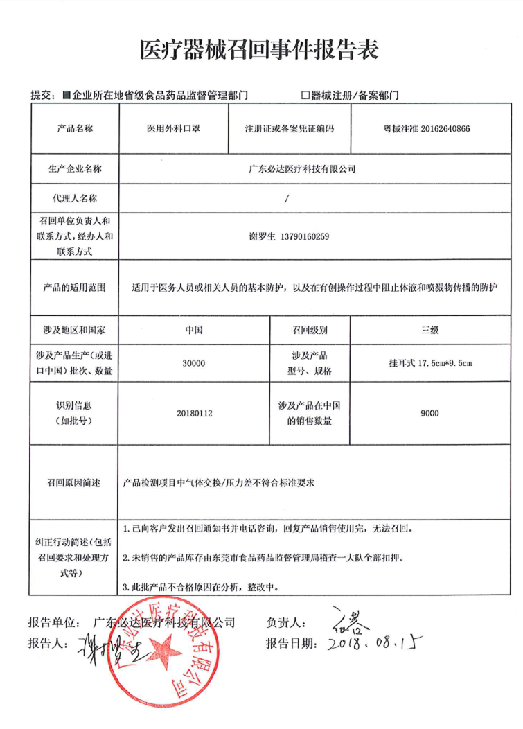 广东必达医疗科技有限公司主动召回部分医用外科口罩