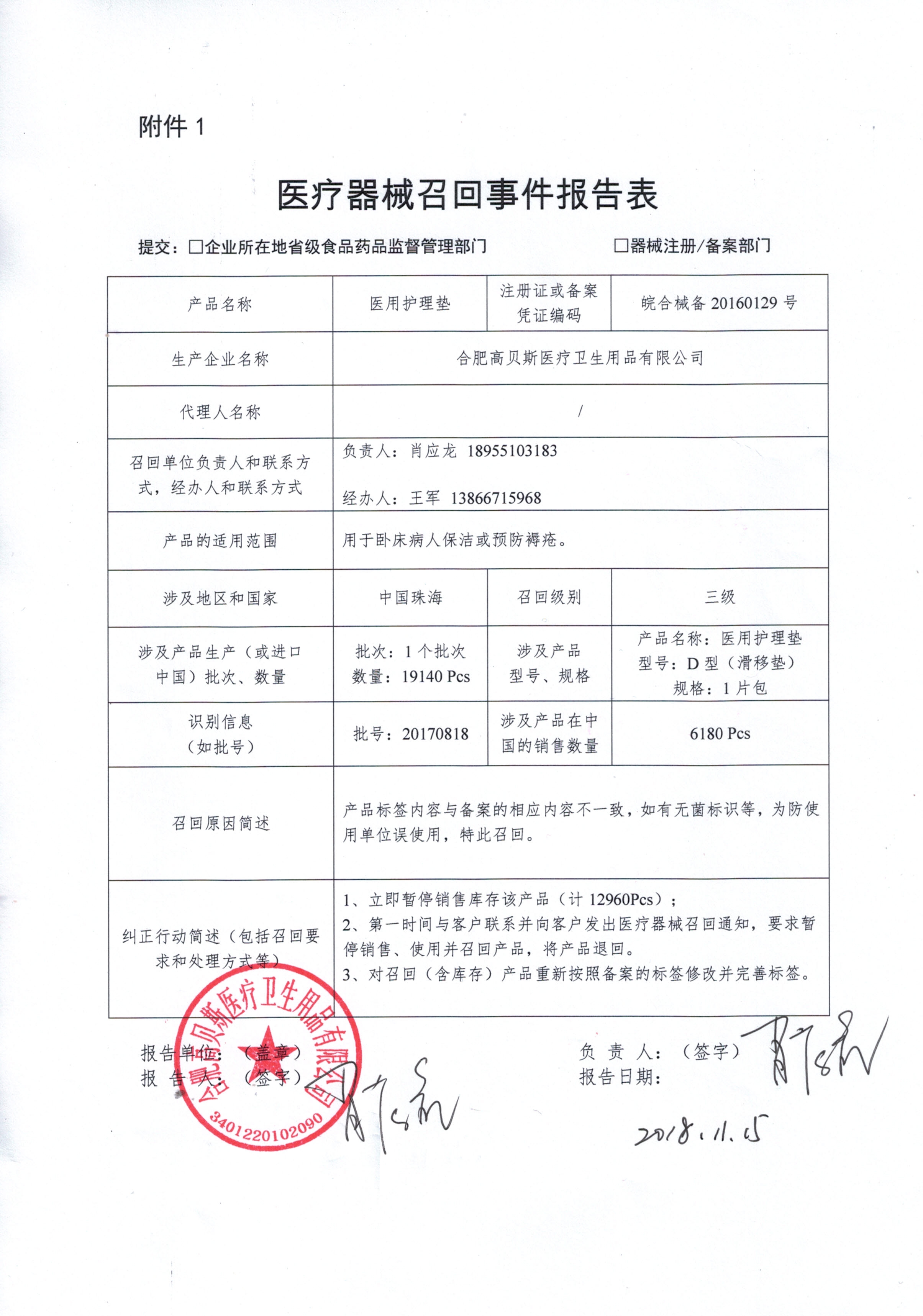 合肥高贝斯医疗卫生用品有限公司主动召回医用护理垫