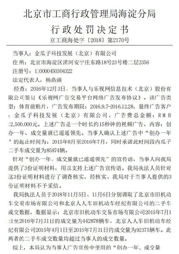 被罚1250万元！瓜子二手车“遥遥领先”宣传语失实 天价罚单背后暗藏瓜子人人之争