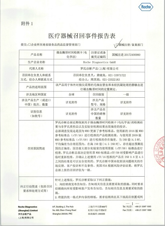 生产商Roche Diagnostics GmbH主动召回凝血酶原时间检测卡(电化学法)