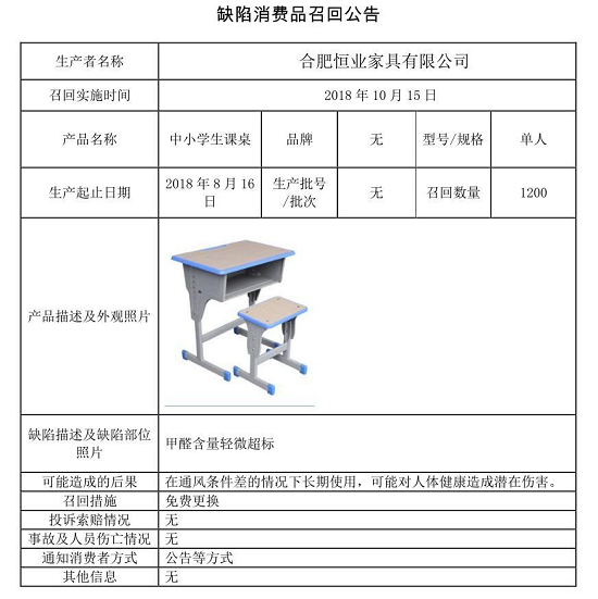 部分课桌被合肥恒业家具有限公司主动召回
