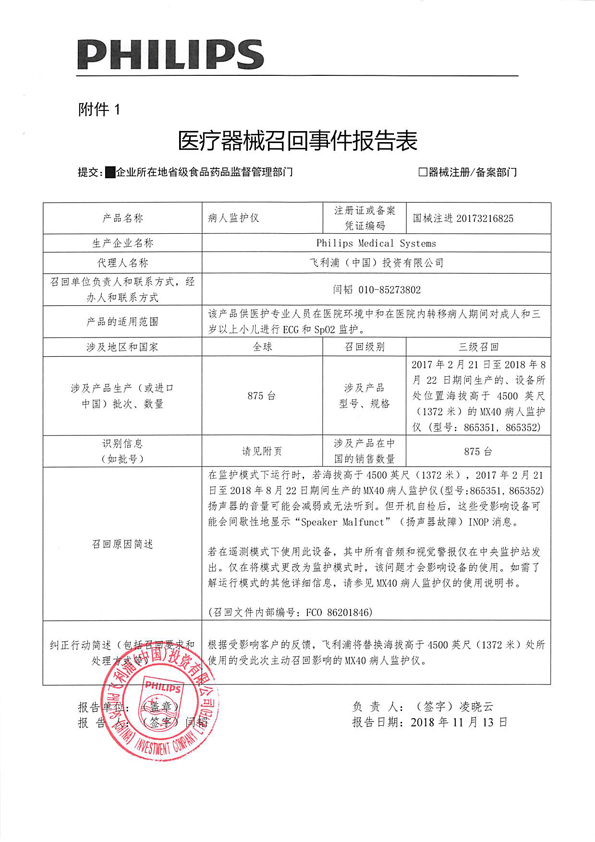 飞利浦（中国）投资有限公司主动召回不合格病人监护仪