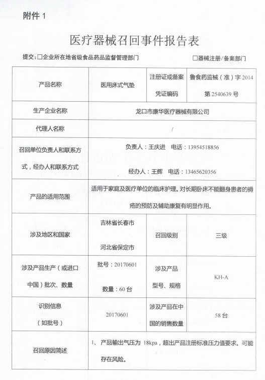 龙口市康华医疗器械有限公司主动召回医用床式气垫产品