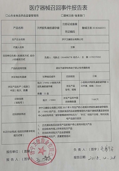 7168只天然胶乳橡胶避孕套产品被济宁卫康胶业有限公司召回