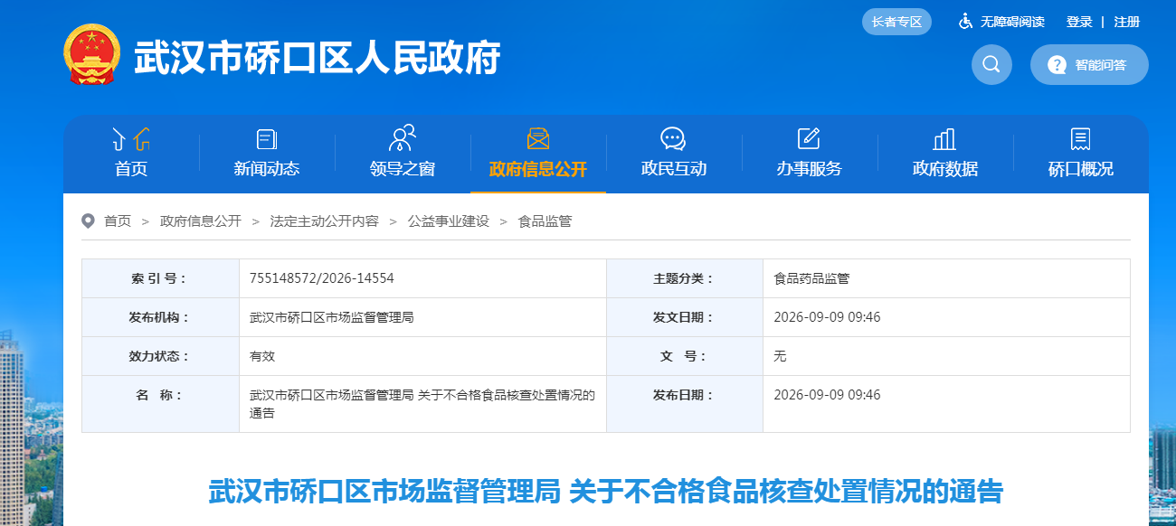 武汉市硚口区市场监督管理局 关于不合格食品核查处置情况的通告