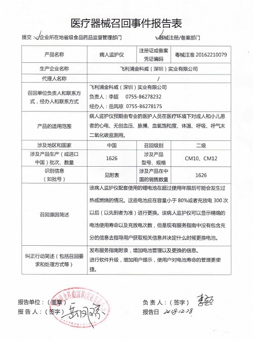 服务指南不合格 部分病人监护仪被飞利浦金科威（深圳）实业有限公司召回