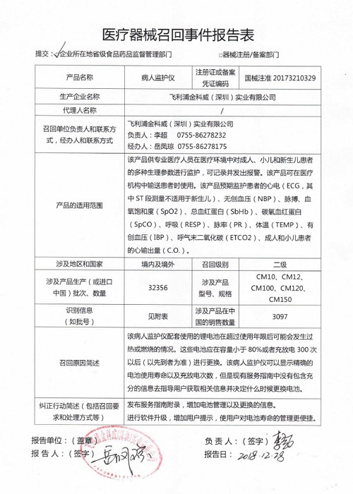 服务指南不合格 部分病人监护仪被飞利浦金科威(深圳)实业有限公司召回