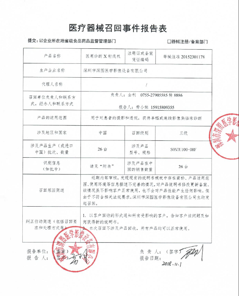 26台医用诊断X射线机被深圳市深图医学影像设备有限公司主动召回
