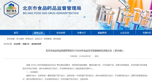 北京市食药监局抽检5类食品183批次样品 不合格4批次