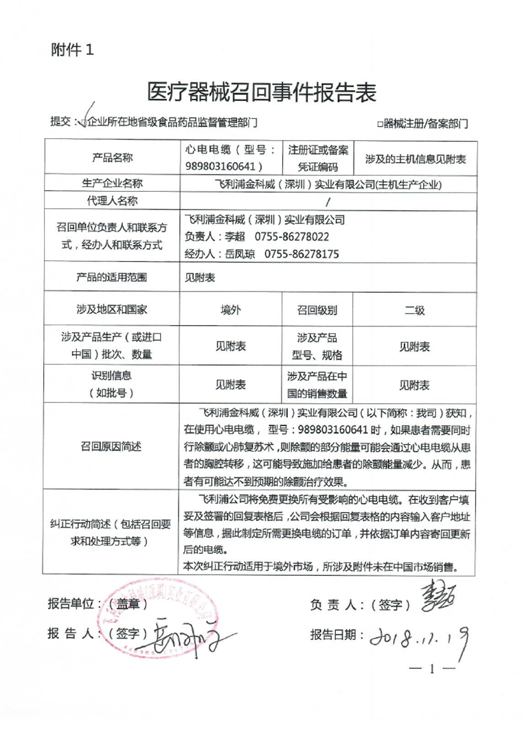 部分心电电缆不达标被飞利浦金科威(深圳)实业有限公司主动召回