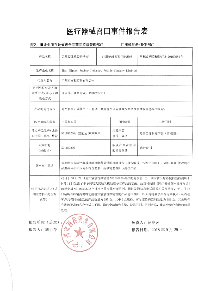 广州市丽程贸易有限公司主动召回天然胶乳橡胶避孕套
