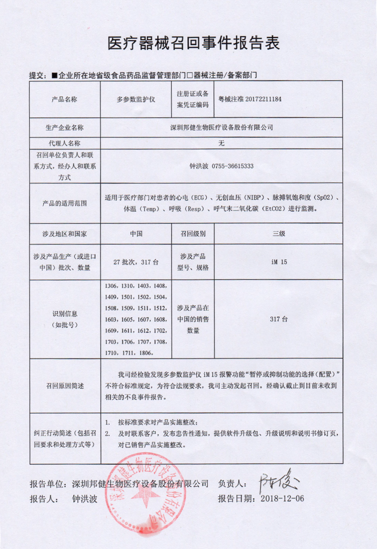 深圳邦健生物医疗设备股份有限公司主动召回多参数监护仪