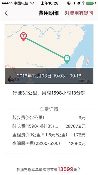 易到开出天价车费 3.1公里要价4万多元