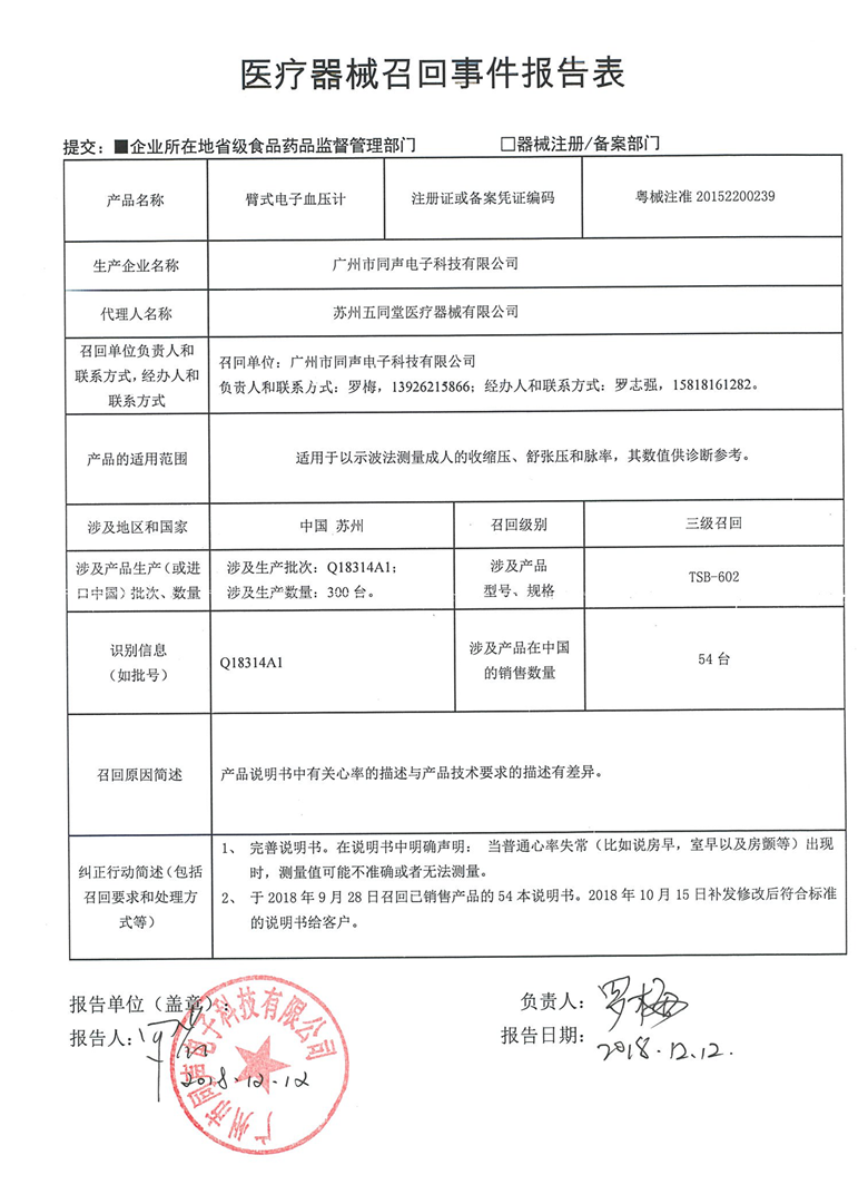 广州市同声电子科技有限公司主动召回部分不合格臂式电子血压计