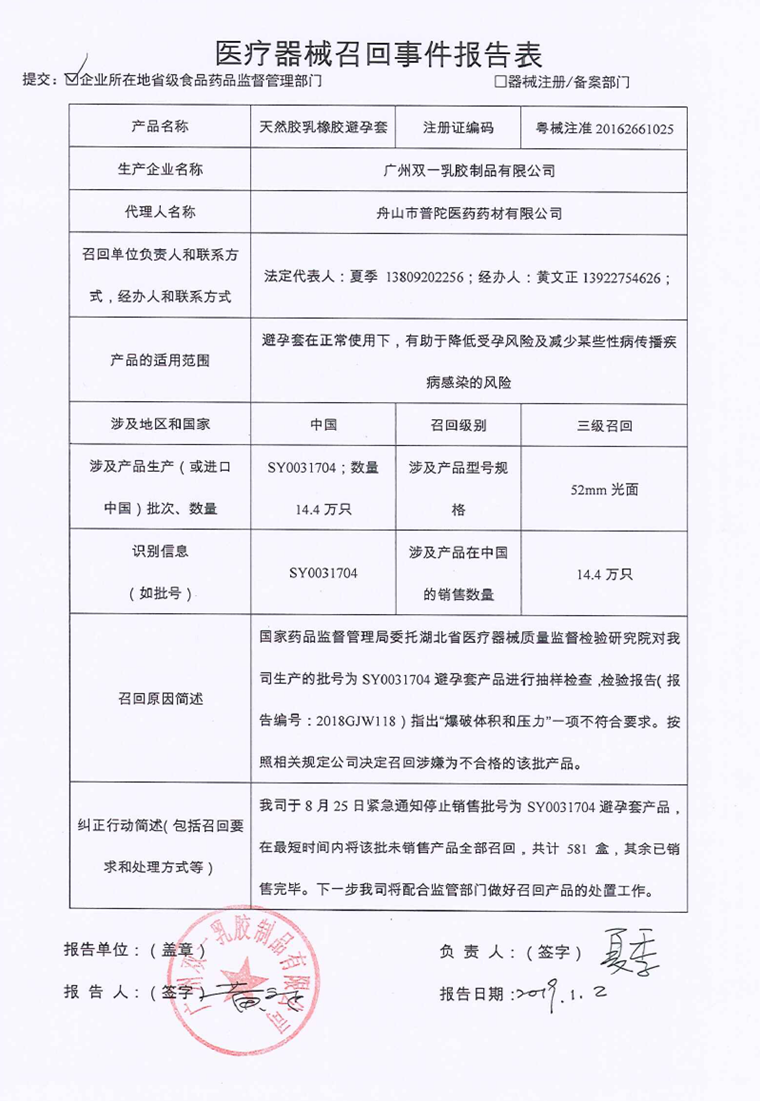 广州双一乳胶制品有限公司主动召回14.4万只天然胶乳橡胶避孕套